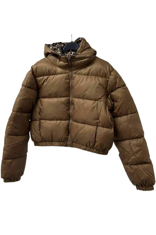 Camel reversible cropped puffer jacket with detachable hood and zip fastening.